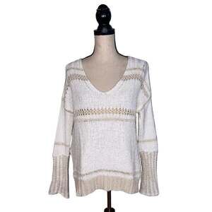 ELAN White Beige Striped Open Knit V-Neck Sweater Size: S